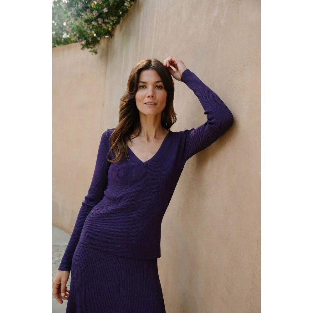 Kilte Collection The Marlee Rib Knit V-Neck Sweater 3 L/XL Plum Purple Rayon